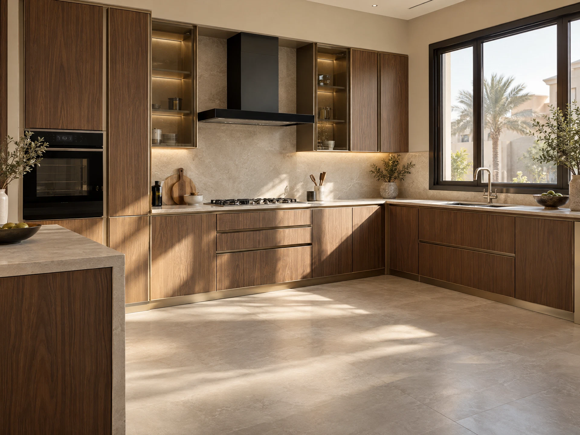 فكرة تصميم مطبخ ألمنيوم بألوان الخشب الدافئ والذهبي